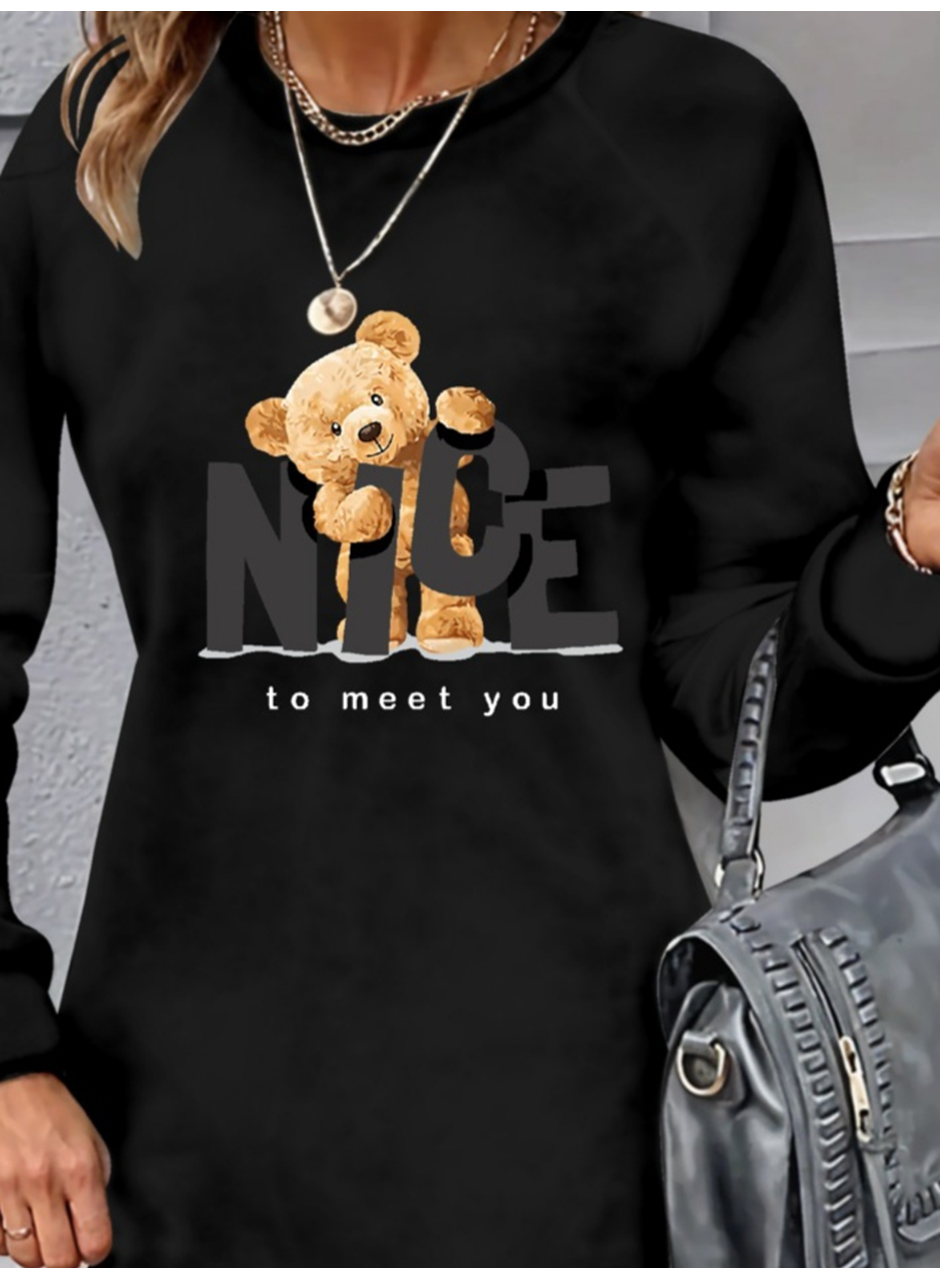 Kadın Uzun Kollu Bisiklet Yaka Ayı Desenli Viskon Iki Iplik Elbise