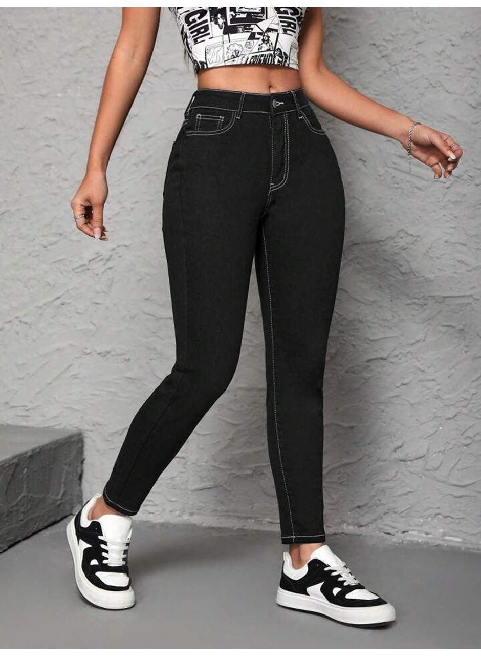 Kadın Yüksek Bel önden Düğmeli Dar Kesim Kot Pantolon