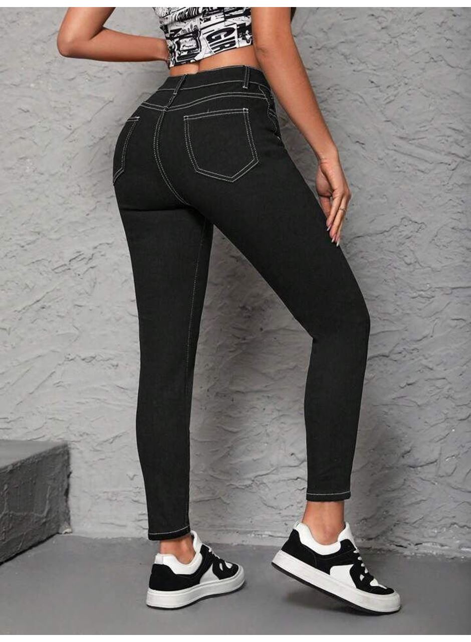 Kadın Yüksek Bel önden Düğmeli Dar Kesim Kot Pantolon