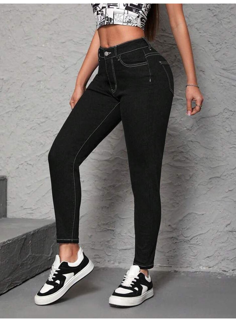 Kadın Yüksek Bel önden Düğmeli Dar Kesim Kot Pantolon
