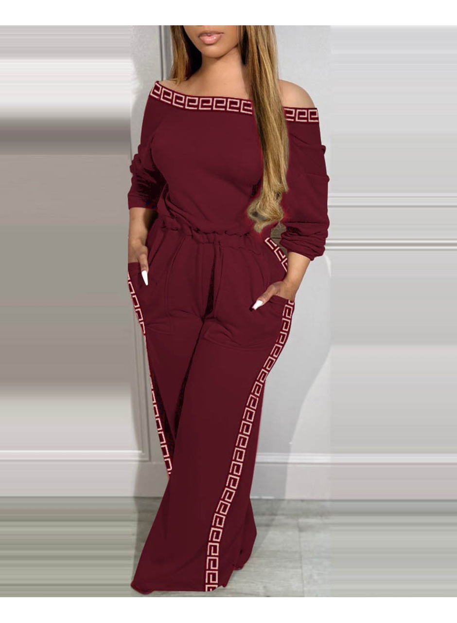 Kadın Uzun Kollu Omuzlardan Açık Beli Lastikli Cepli şerit Desenli Viskon Iki Iplik Tulum