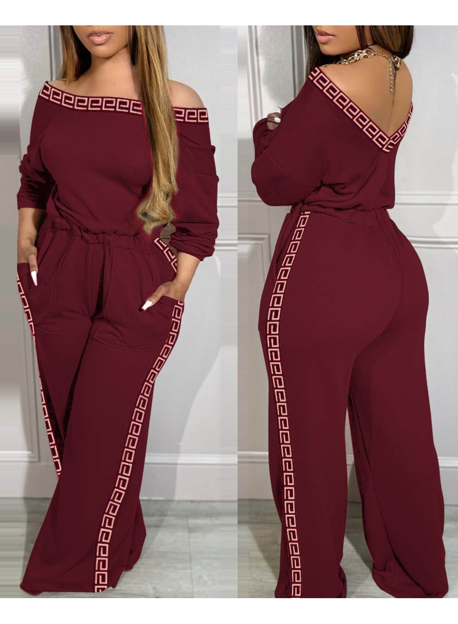 Kadın Uzun Kollu Omuzlardan Açık Beli Lastikli Cepli şerit Desenli Viskon Iki Iplik Tulum