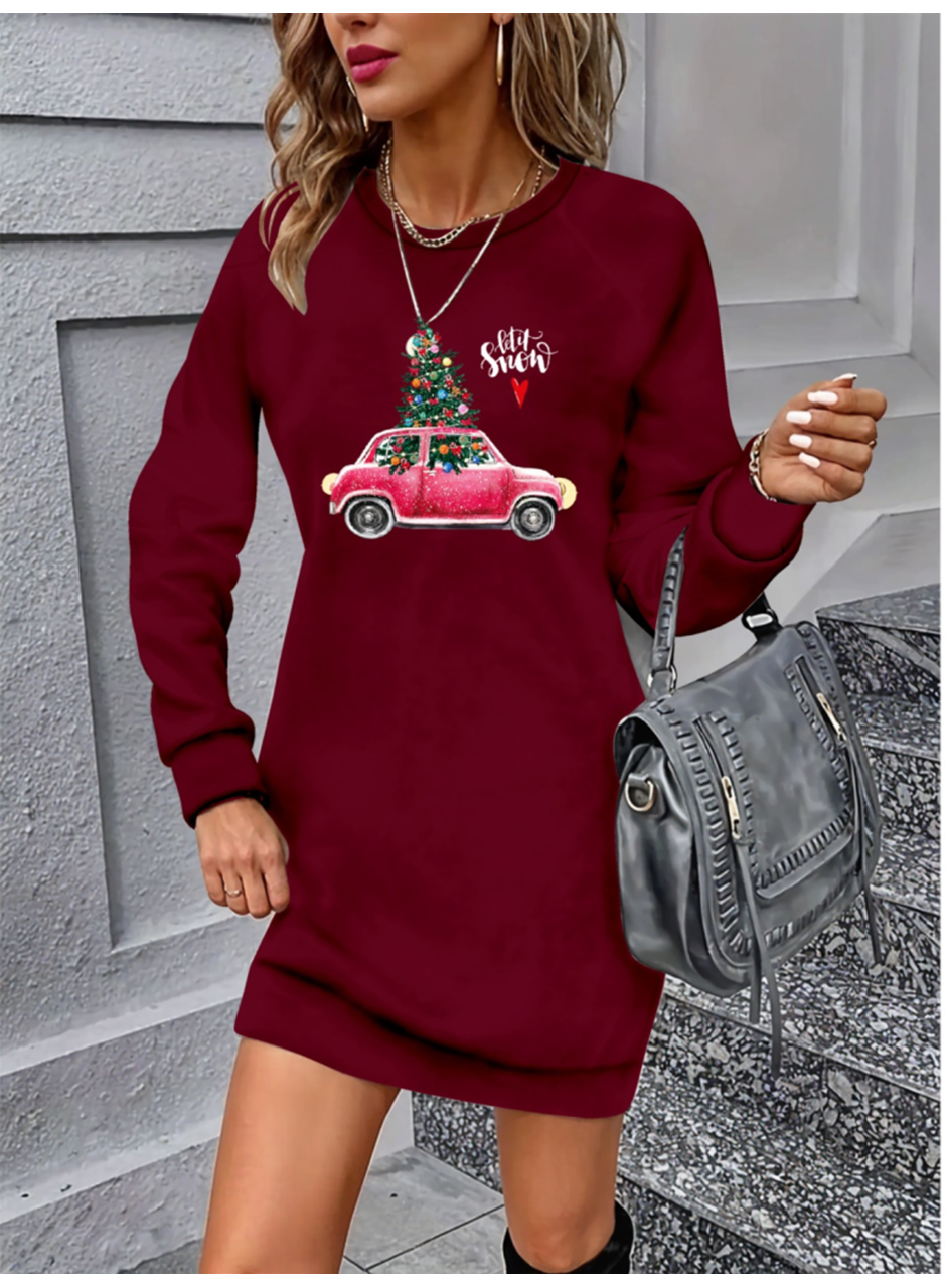 Kadın Uzun Kollu Bisiklet Yaka Desenli Viskon Iki Iplik Elbise