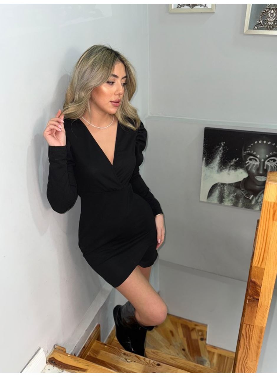 Kadın Uzun Kollu Kruvaze Yaka Kol Detaylı Ithal Krep Mini Elbise