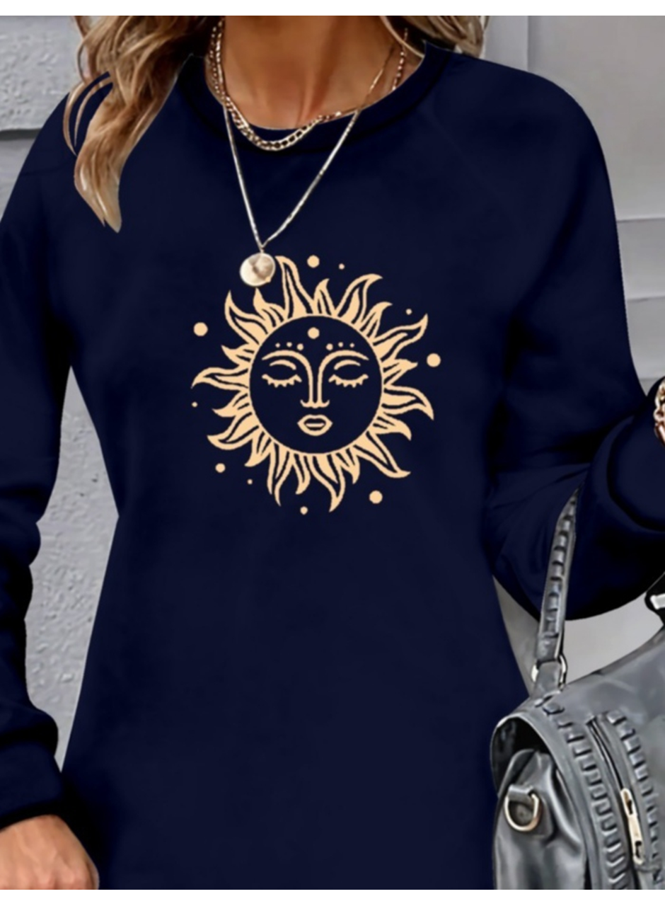 Kadın Uzun Kollu Bisiklet Yaka Güneş Desenli Viskon Iki Iplik Elbise