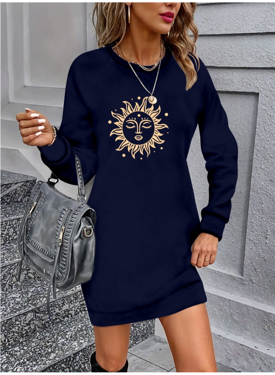 Kadın Uzun Kollu Bisiklet Yaka Güneş Desenli Viskon Iki Iplik Elbise