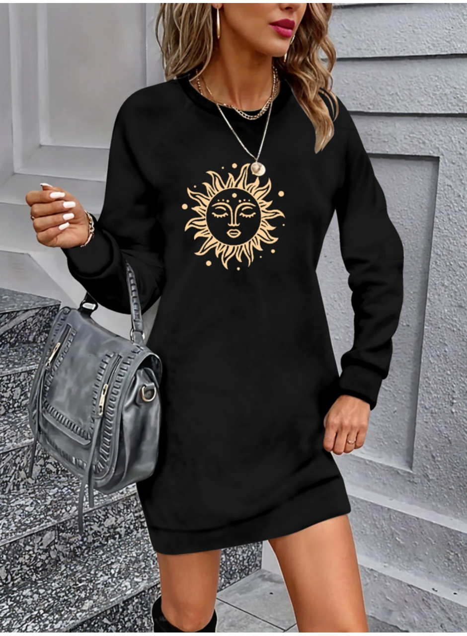 Kadın Uzun Kollu Bisiklet Yaka Güneş Desenli Viskon Iki Iplik Elbise