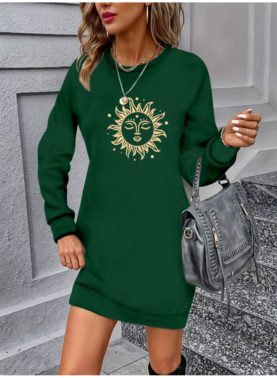 Kadın Uzun Kollu Bisiklet Yaka Güneş Desenli Viskon Iki Iplik Elbise