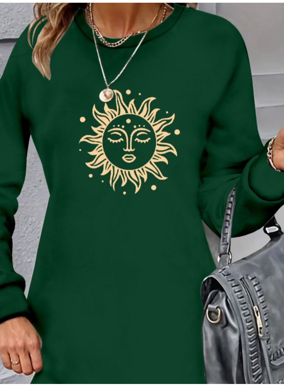 Kadın Uzun Kollu Bisiklet Yaka Güneş Desenli Viskon Iki Iplik Elbise