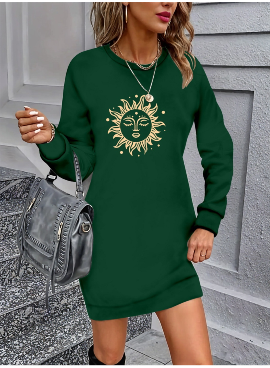 Kadın Uzun Kollu Bisiklet Yaka Güneş Desenli Viskon Iki Iplik Elbise