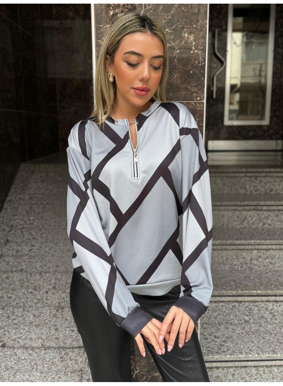 Kadın Uzun Kollu Yuvarlak Yaka Fermuarlı Desenli şardonlu Bluz