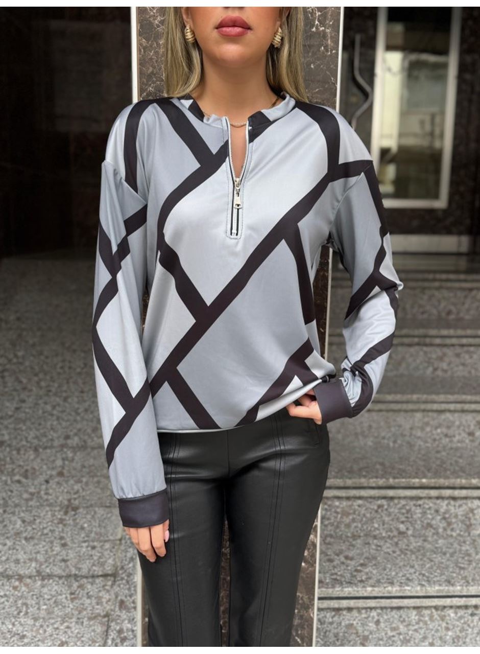 Kadın Uzun Kollu Yuvarlak Yaka Fermuarlı Desenli şardonlu Bluz