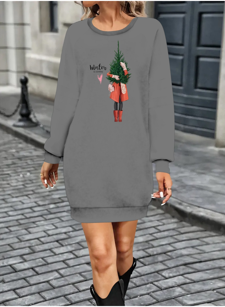 Kadın Uzun Kollu Bisiklet Yaka Desenli Kısa Viskon Iki Iplik Elbise