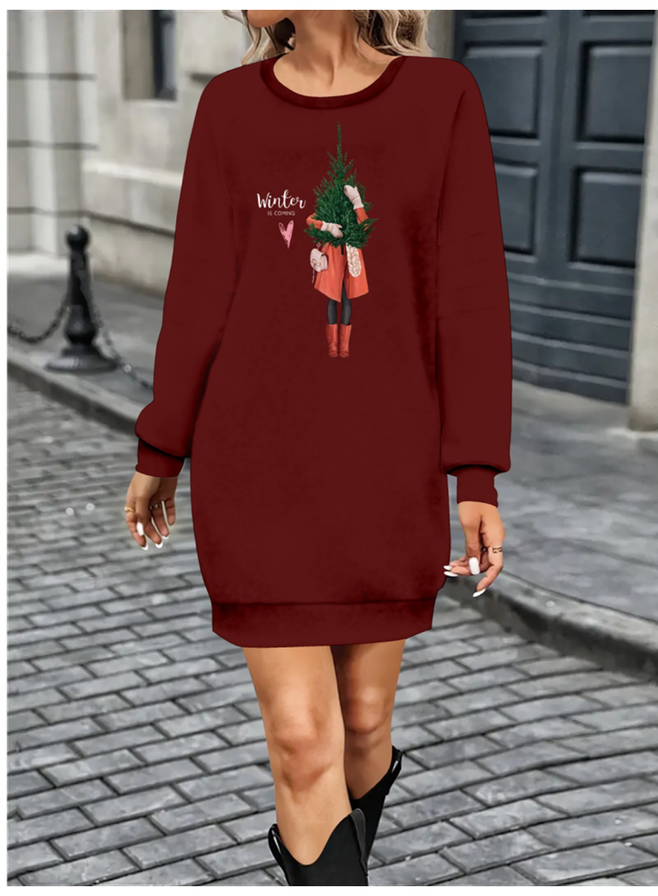 Kadın Uzun Kollu Bisiklet Yaka Desenli Kısa Viskon Iki Iplik Elbise