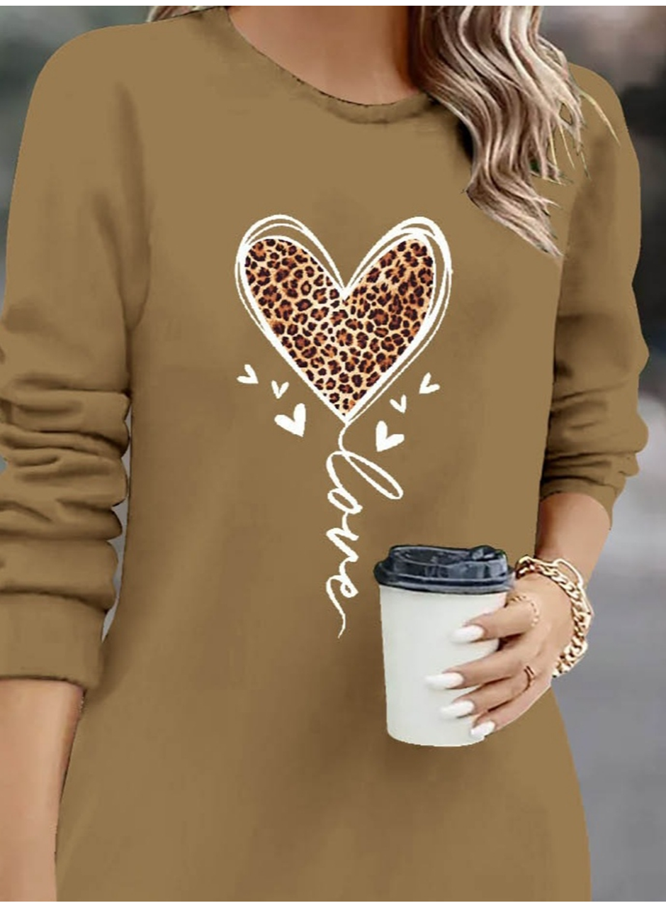 Kadın Uzun Kollu Bisiklet Yaka Kalp Desenli Kısa Viskon Elbise