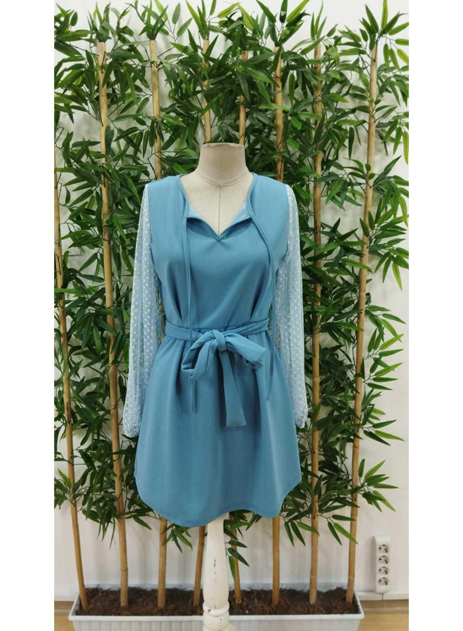 Kadın Uzun Kollu Yakadan Bağcıklı Belden Kuşaklı Ithal Krep Elbise