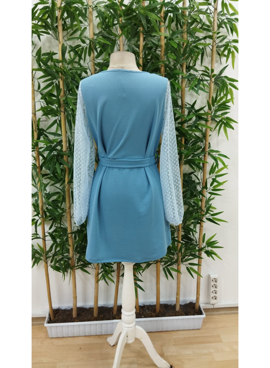 Kadın Uzun Kollu Yakadan Bağcıklı Belden Kuşaklı Ithal Krep Elbise