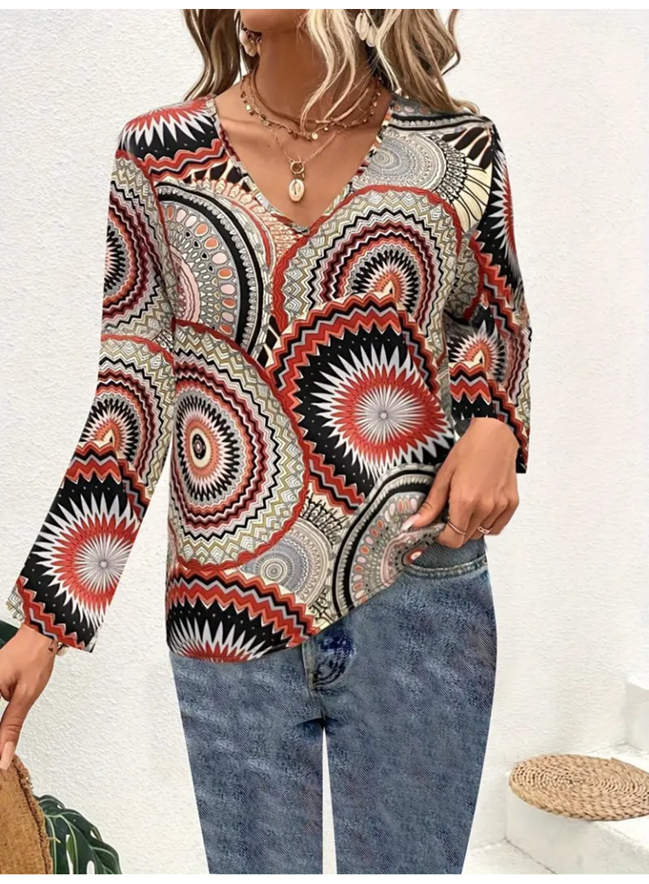 Kadın Uzun Kollu V Yakalı Desenli Süprem Bluz