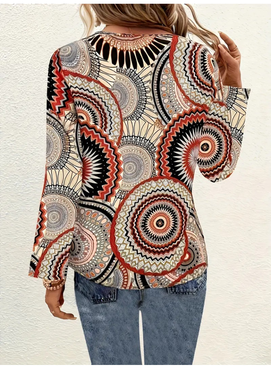 Kadın Uzun Kollu V Yakalı Desenli Süprem Bluz