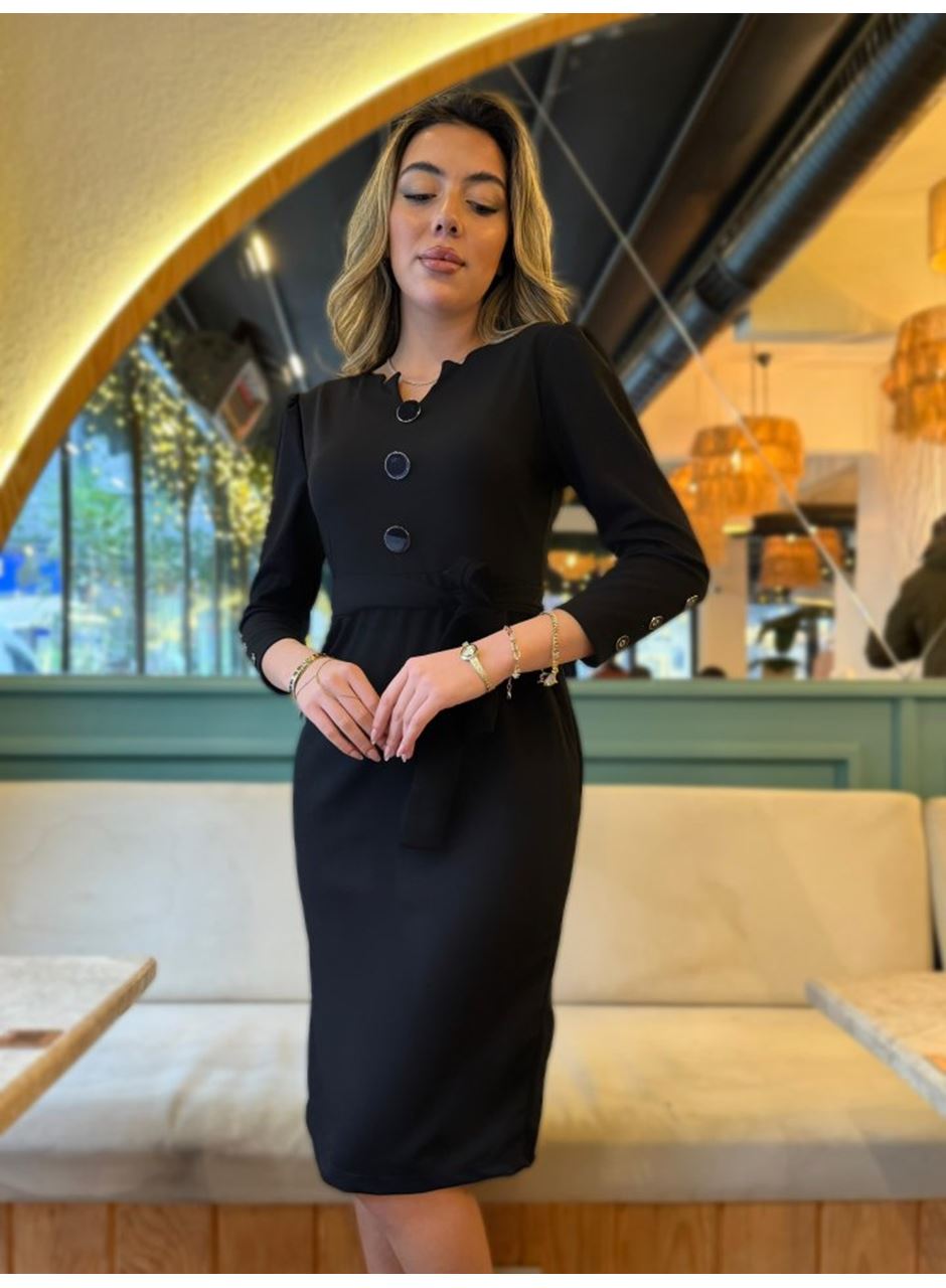 Kadın Uzun Kollu Düğme Detaylı Kendinden Kemerli Ithal Krep Elbise