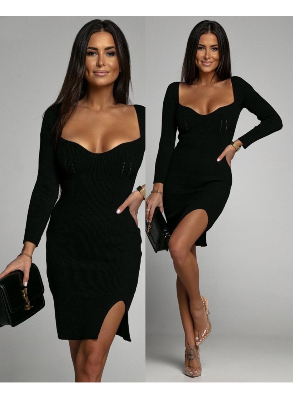 Kadın Uzun Kollu Geniş Yaka Yırtmaç Detay Mini Boy Triko Elbise