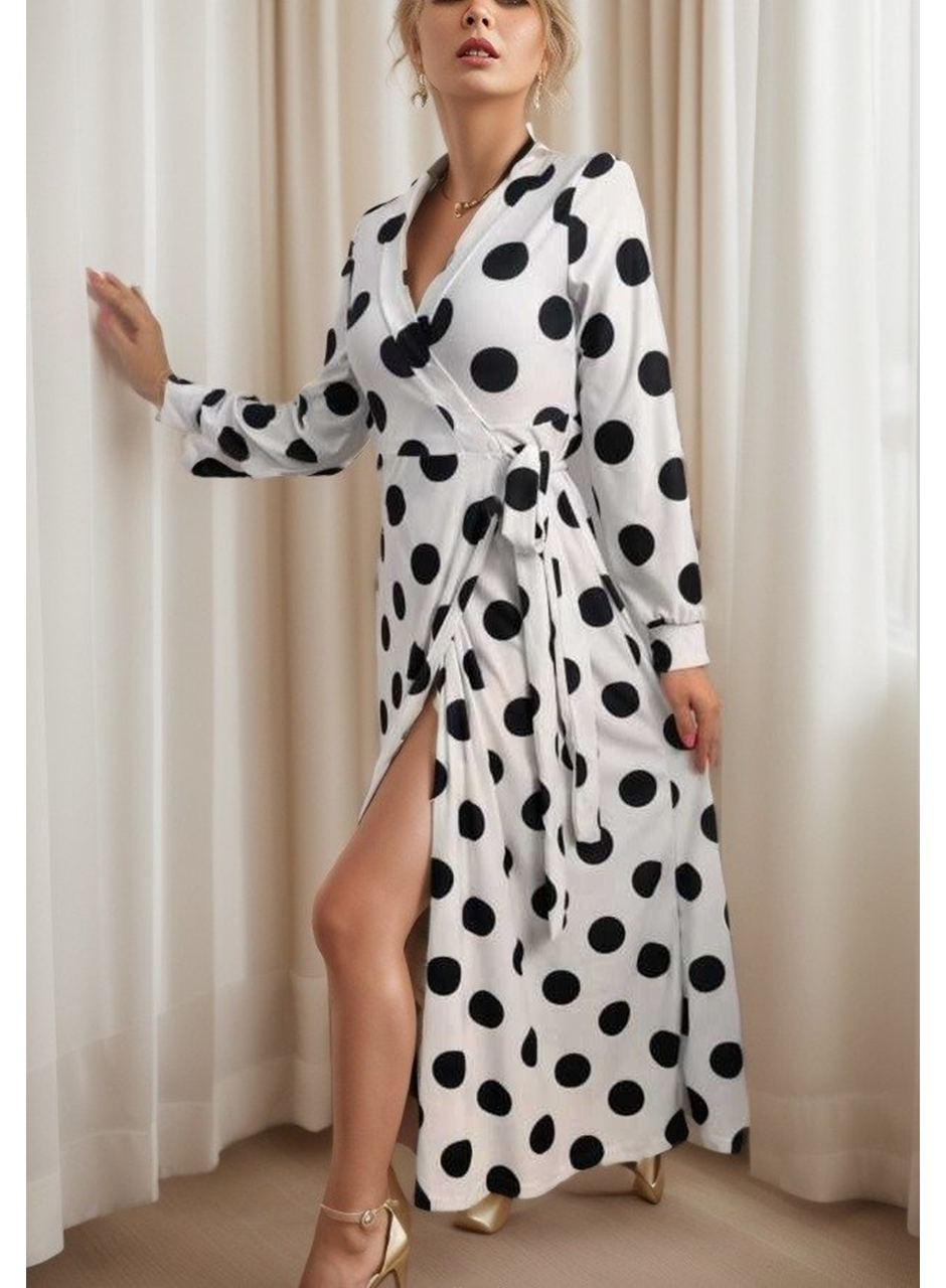 Kadın Uzun Kollu Kruvaze Yaka Yandan Bağlamalı Krep Tam Boy Elbise