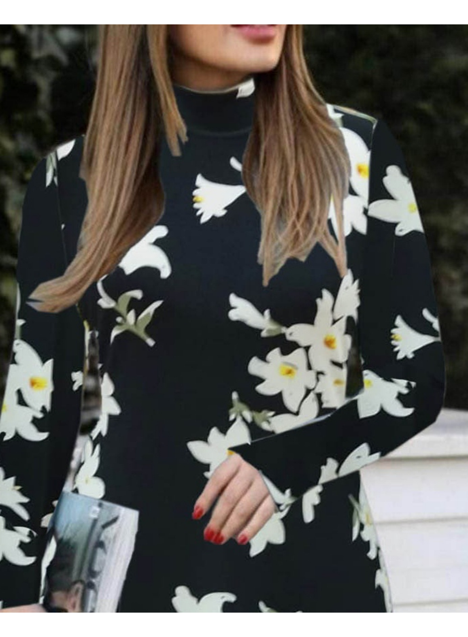 Kadın Balıkçı Yaka Uzun Kollu çiçek Desenli Krep Elbise