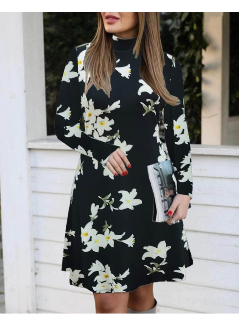 Kadın Balıkçı Yaka Uzun Kollu çiçek Desenli Krep Elbise