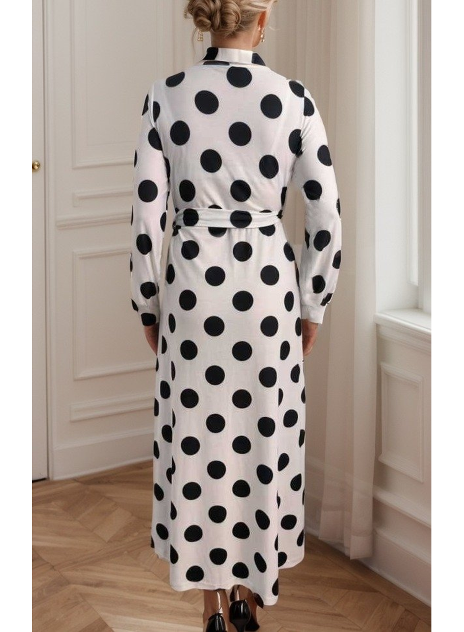 Kadın Uzun Kollu Kruvaze Yaka Yandan Bağlamalı Krep Tam Boy Elbise