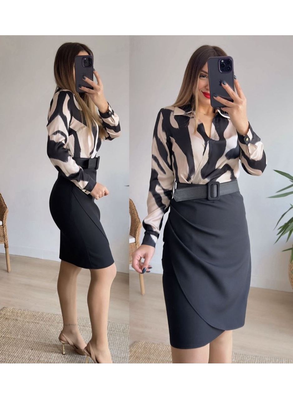 Kadın Uzun Kollu Yakalı üst Dalgıç Eteği Krep Kemerli Elbise