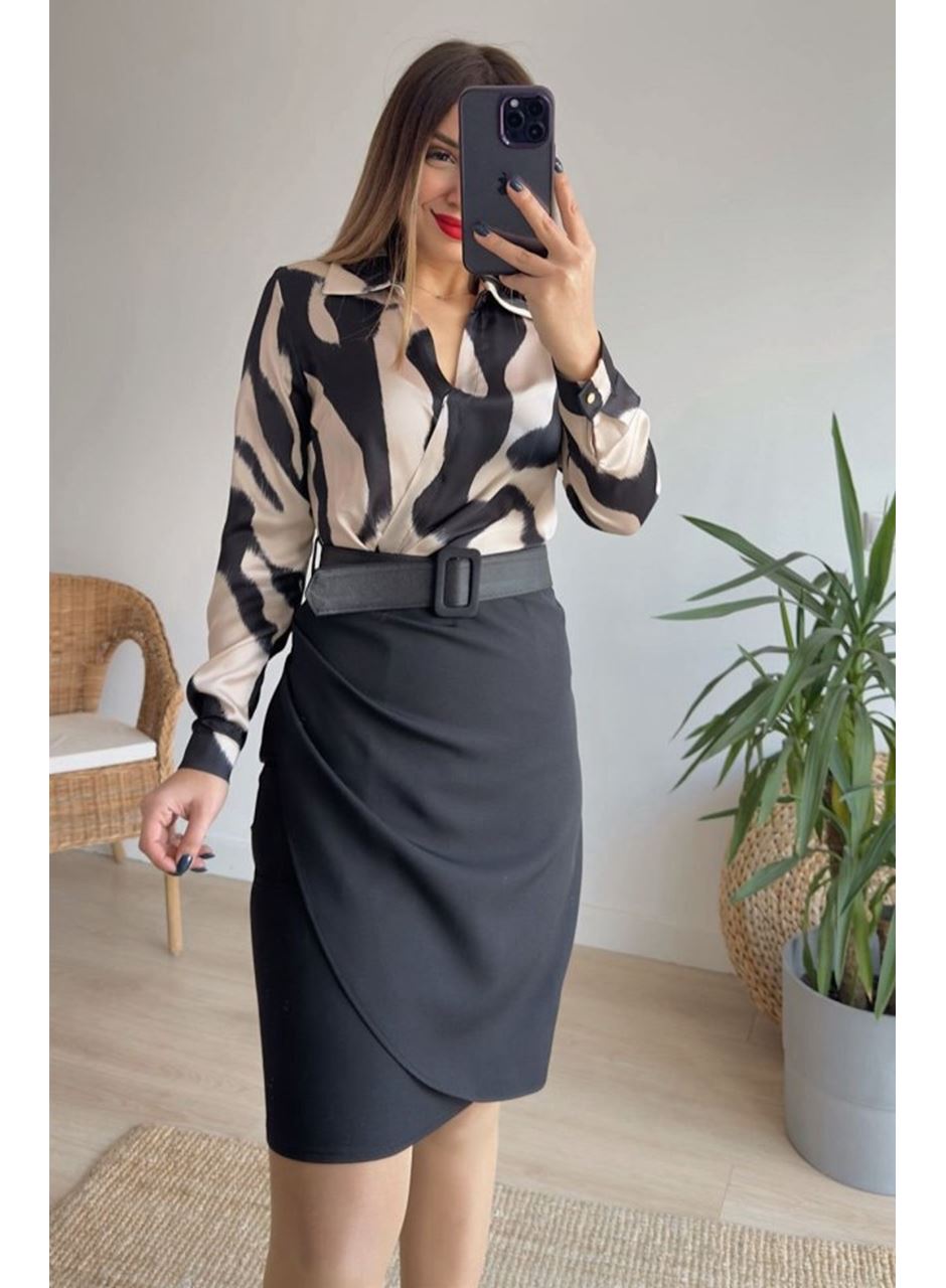 Kadın Uzun Kollu Yakalı üst Dalgıç Eteği Krep Kemerli Elbise