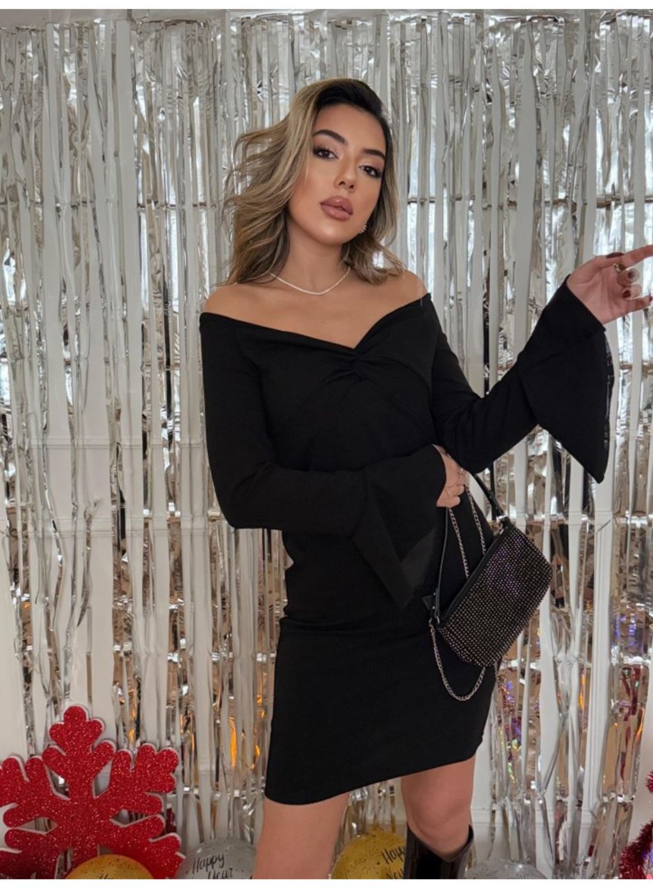 Kadın Yolbaşı özel Uzun Kollu çapraz Derin Dekolte Detaylı Ithal Krep Kısa Elbise