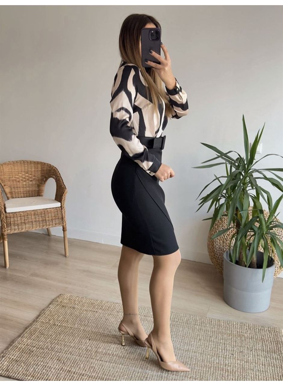 Kadın Uzun Kollu Yakalı üst Dalgıç Eteği Krep Kemerli Elbise