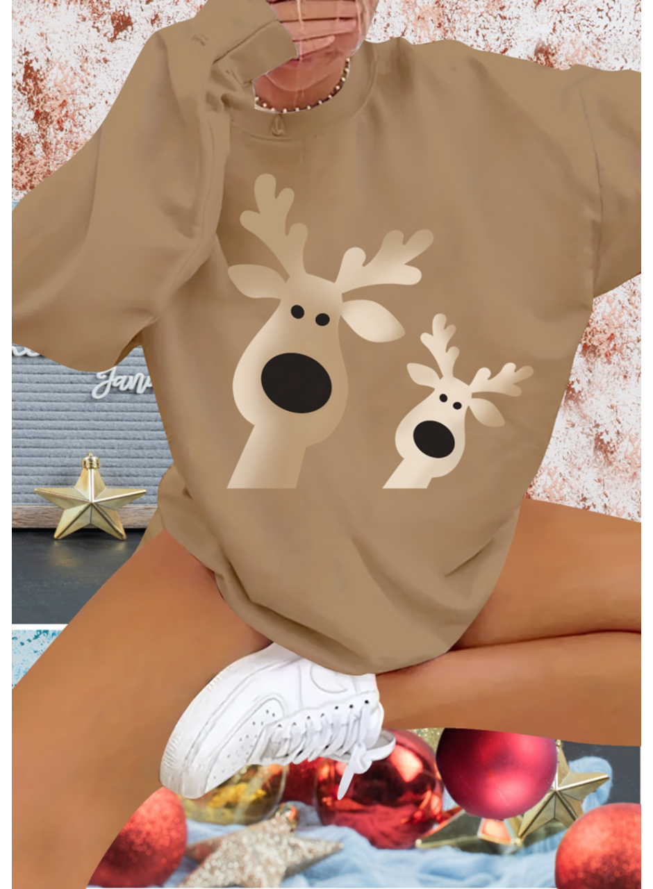 Kadın Uzun Kollu Bisiklet Yaka Geyik Desenli Viskon Iki Iplik Bluz