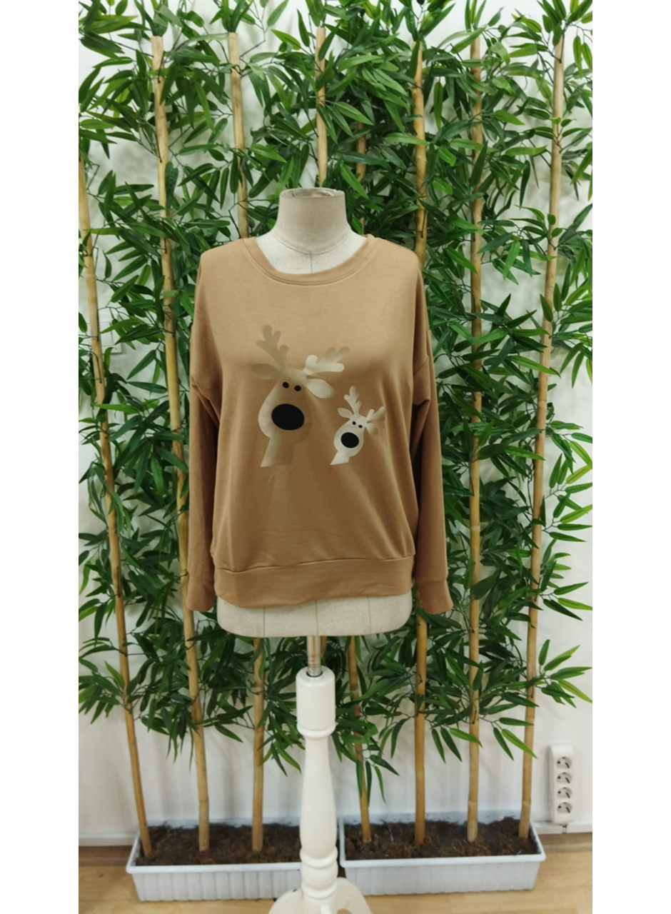 Kadın Uzun Kollu Bisiklet Yaka Geyik Desenli Viskon Iki Iplik Bluz