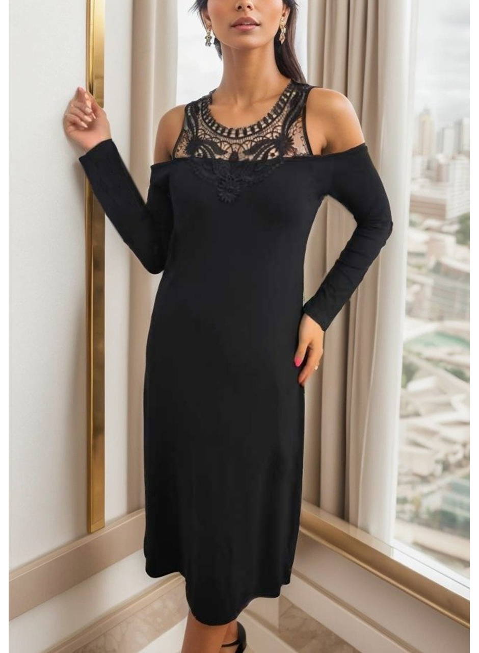 Kadın Uzun Kollu Yaka önü Güpürlü Madonna Yaka Viskon Midi Boy Elbise