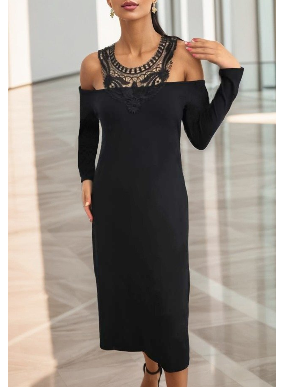 Kadın Uzun Kollu Yaka önü Güpürlü Madonna Yaka Viskon Midi Boy Elbise