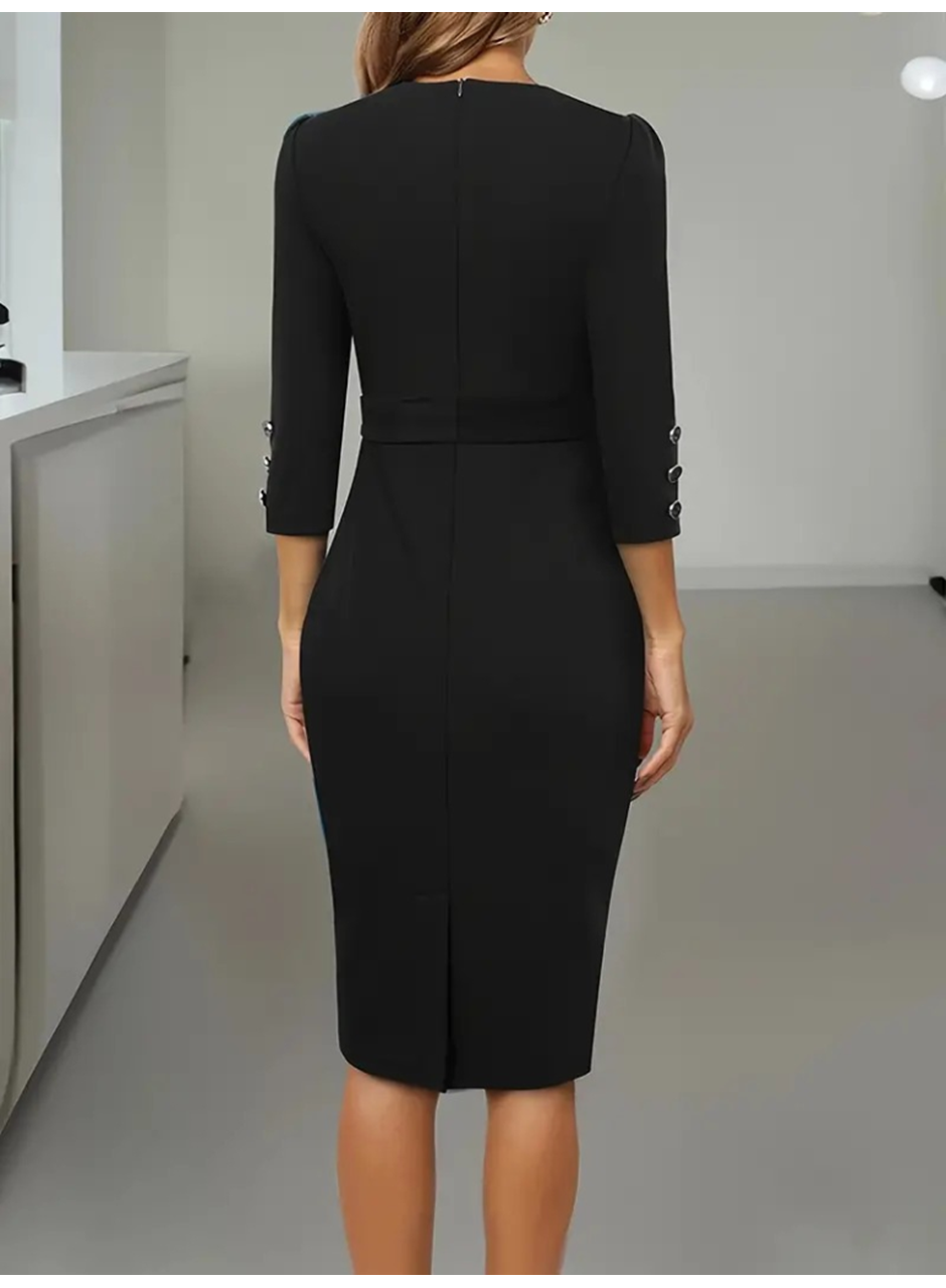 Kadın Uzun Kollu Düğme Detaylı Kendinden Kemerli Ithal Krep Elbise