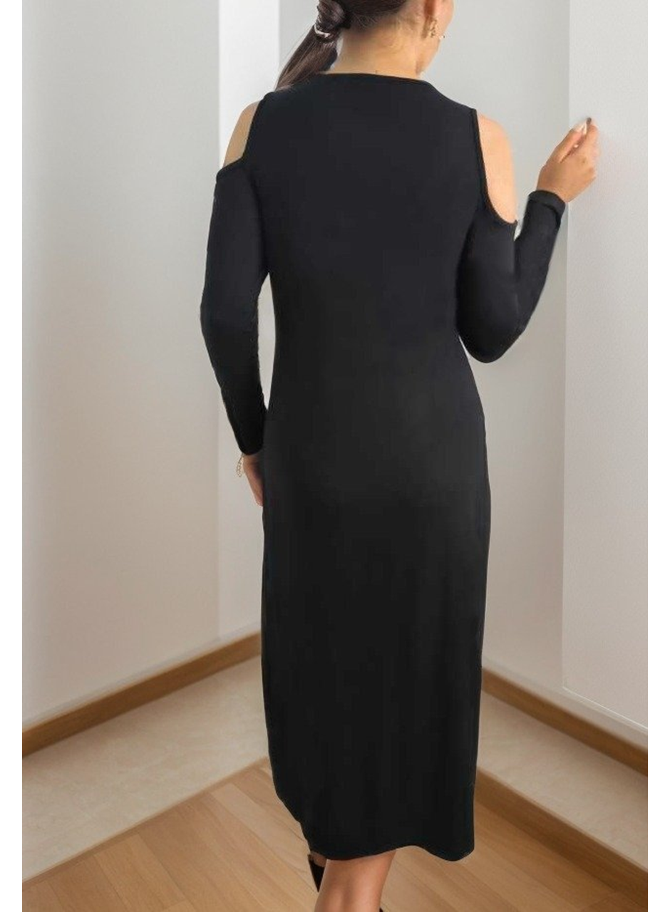 Kadın Uzun Kollu Yaka önü Güpürlü Madonna Yaka Viskon Midi Boy Elbise