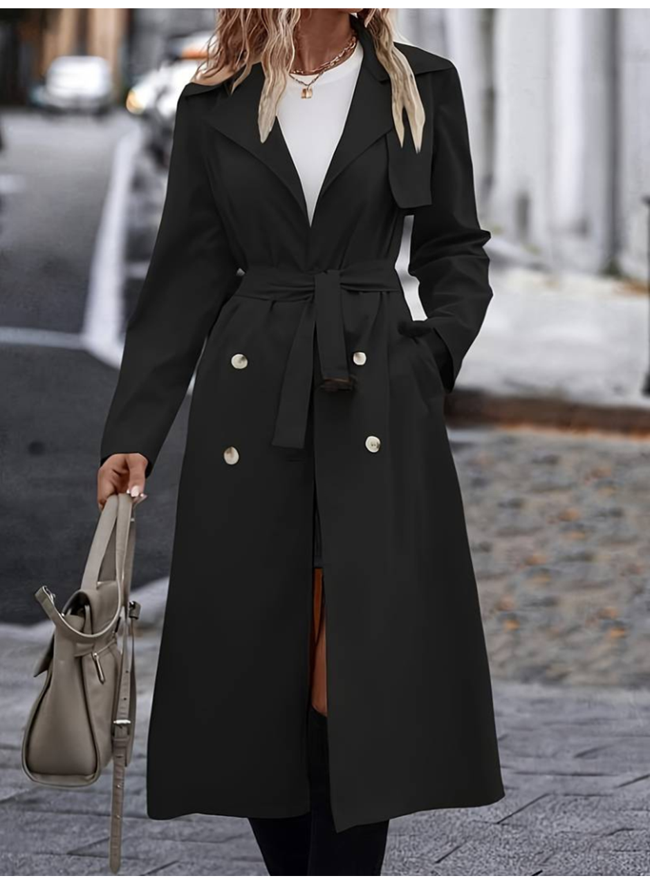 Kadın Uzun Kollu Yakalı önden Düğmeli Beli Kuşaklı Midi Gabardin Trençkot