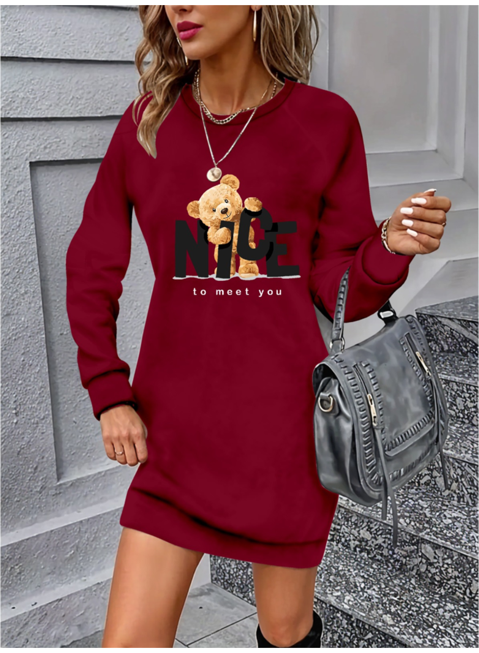 Kadın Uzun Kollu Bisiklet Yaka Ayı Desenli Viskon Iki Iplik Elbise