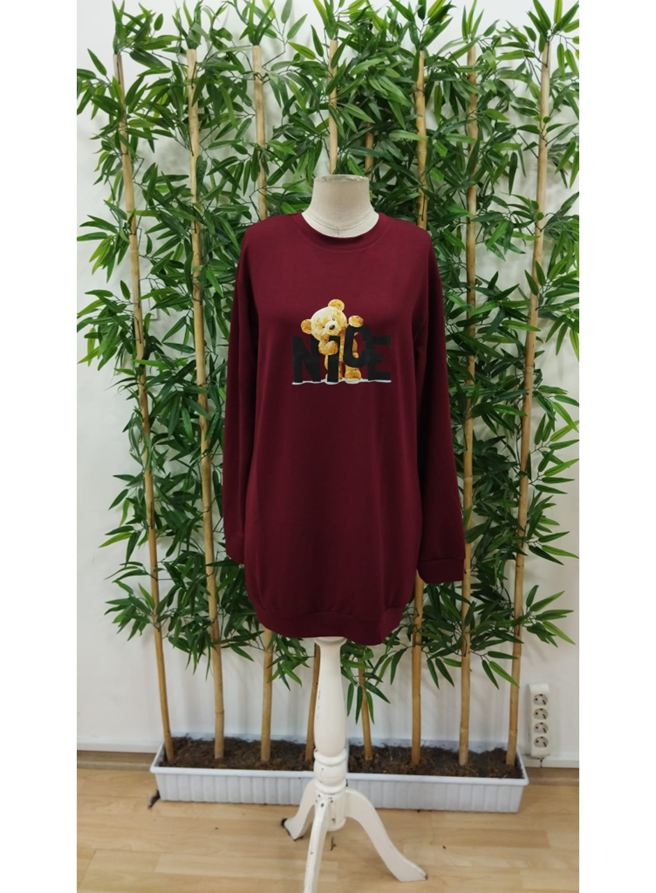 Kadın Uzun Kollu Bisiklet Yaka Ayı Desenli Viskon Iki Iplik Elbise