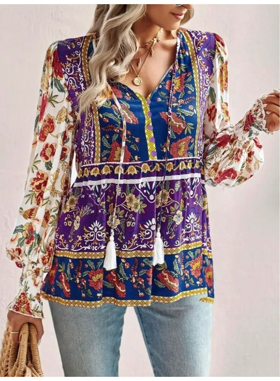 Kadın Uzun Kollu Yakası Açık Bağcıklı çiçek Desenli Salaş Bluz