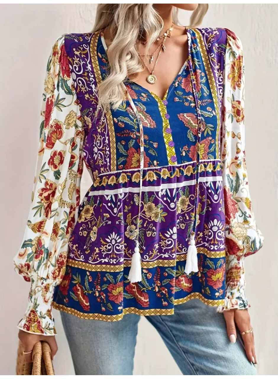 Kadın Uzun Kollu Yakası Açık Bağcıklı çiçek Desenli Salaş Bluz