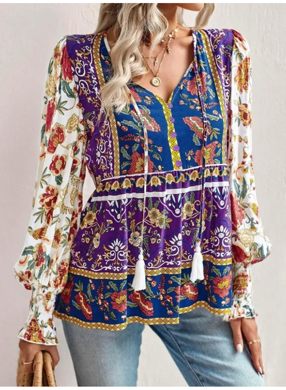 Kadın Uzun Kollu Yakası Açık Bağcıklı çiçek Desenli Salaş Bluz