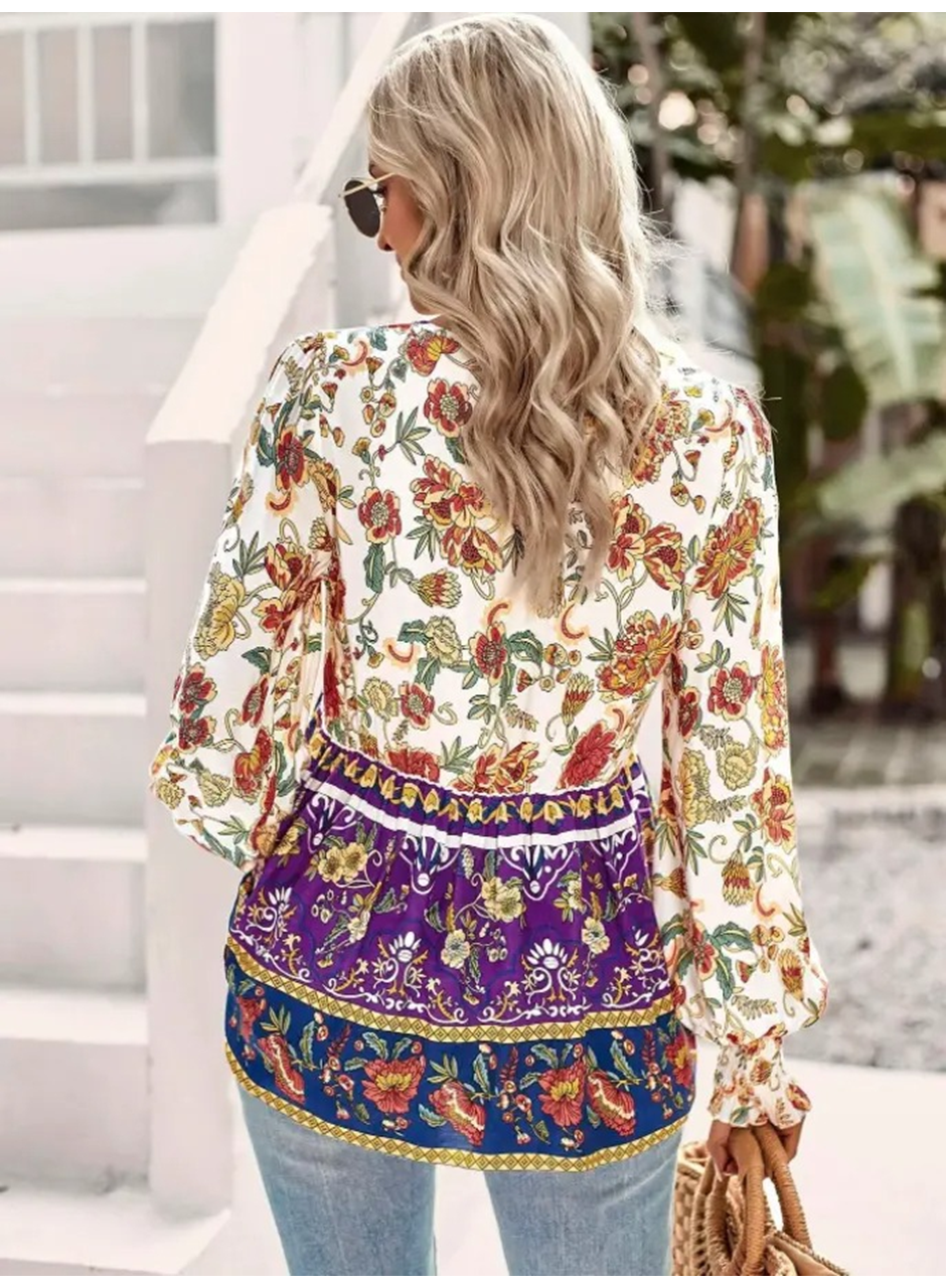 Kadın Uzun Kollu Yakası Açık Bağcıklı çiçek Desenli Salaş Bluz