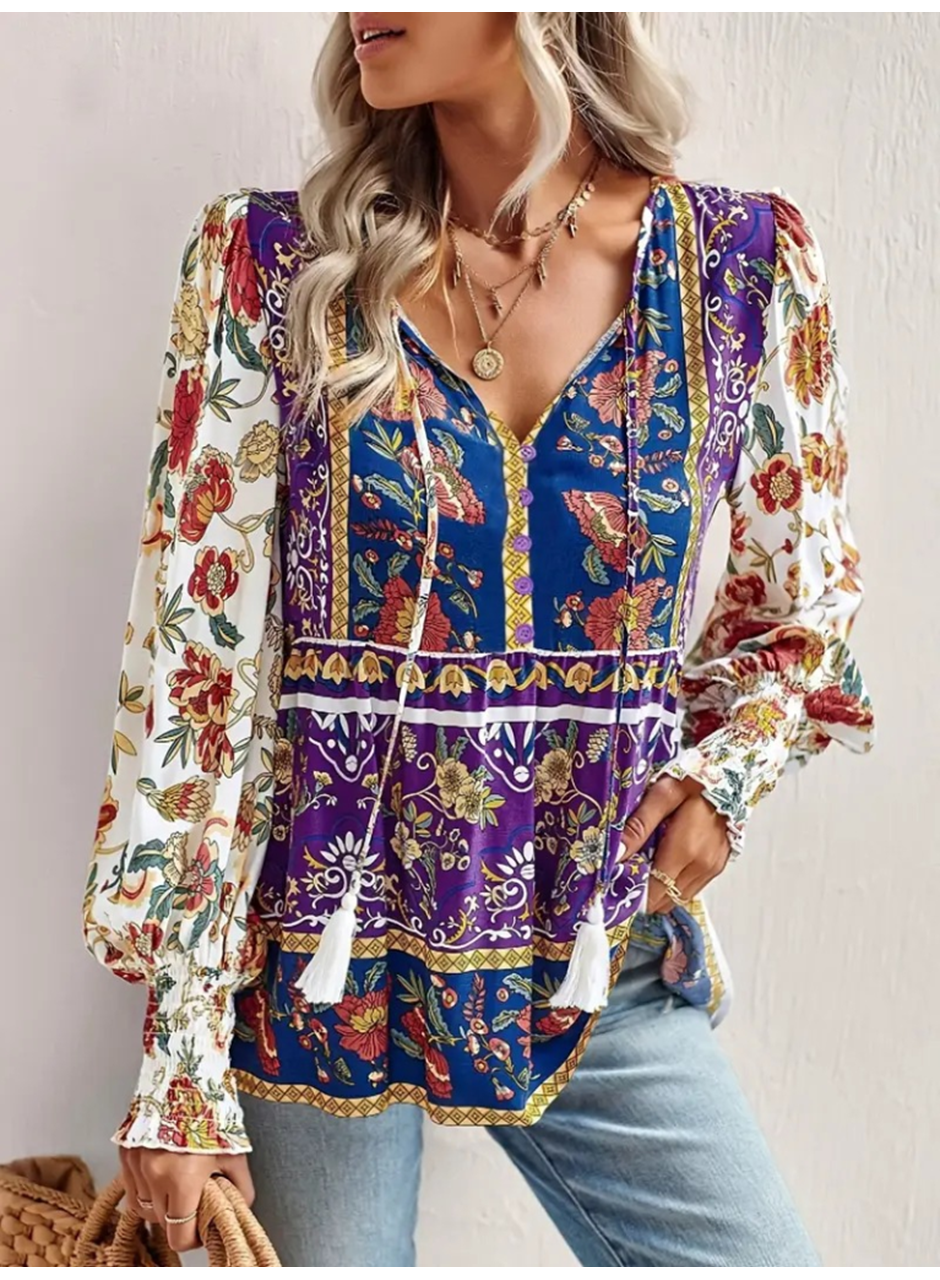 Kadın Uzun Kollu Yakası Açık Bağcıklı çiçek Desenli Salaş Bluz