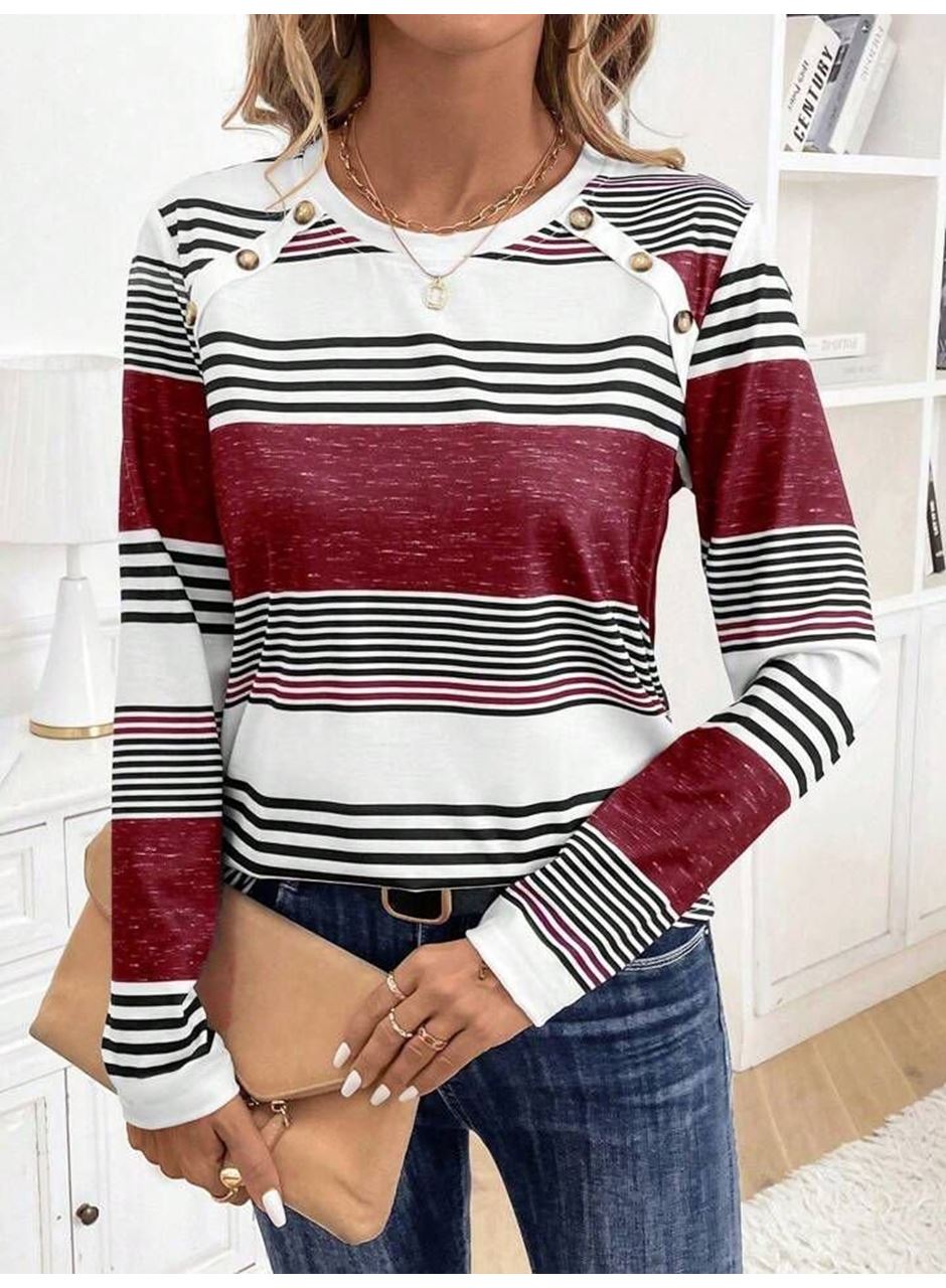 Kadın Uzun Kollu Bisiklet Yaka Düğme Detaylı Desenli Süprem Bluz