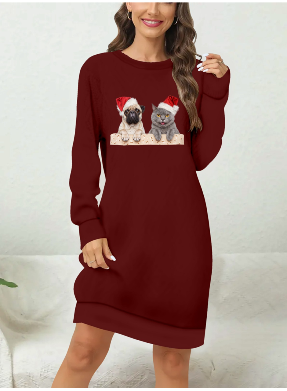 Kadın Uzun Kollu Bisiklet Yaka Desenli Viskon Iki Iplik Elbise