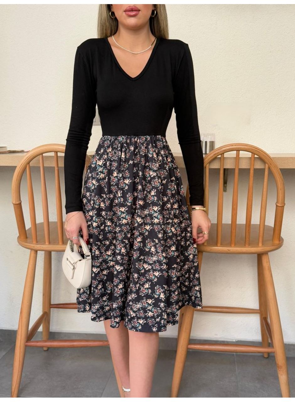 Kadın Uzun Kollu V Yakalı üst Viskon Alt çiçek Desenli Süprem Kısa Elbise